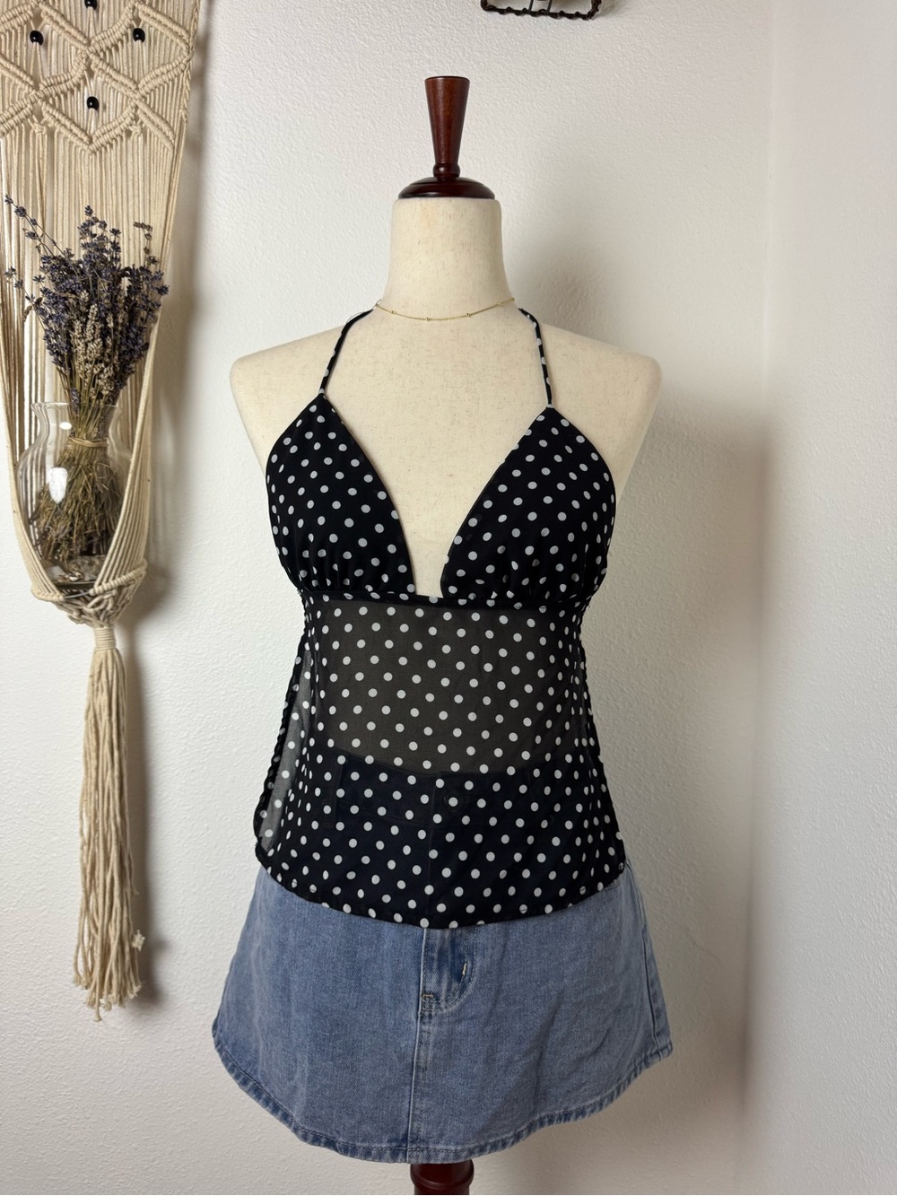Polka Dot Black Sheer Halter Tank Top